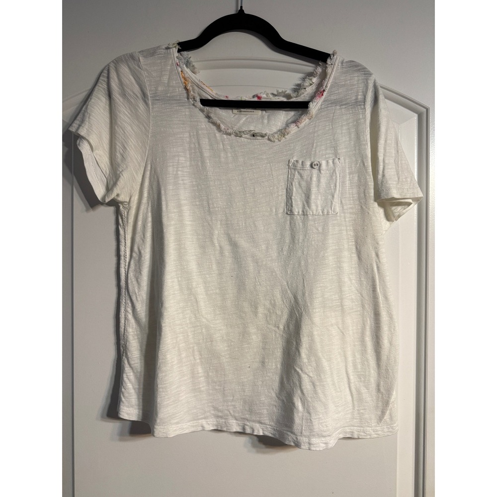Meadow Rue Anthropologie Pocket Tee Medium White Boho Slub Floral Trim Relaxed